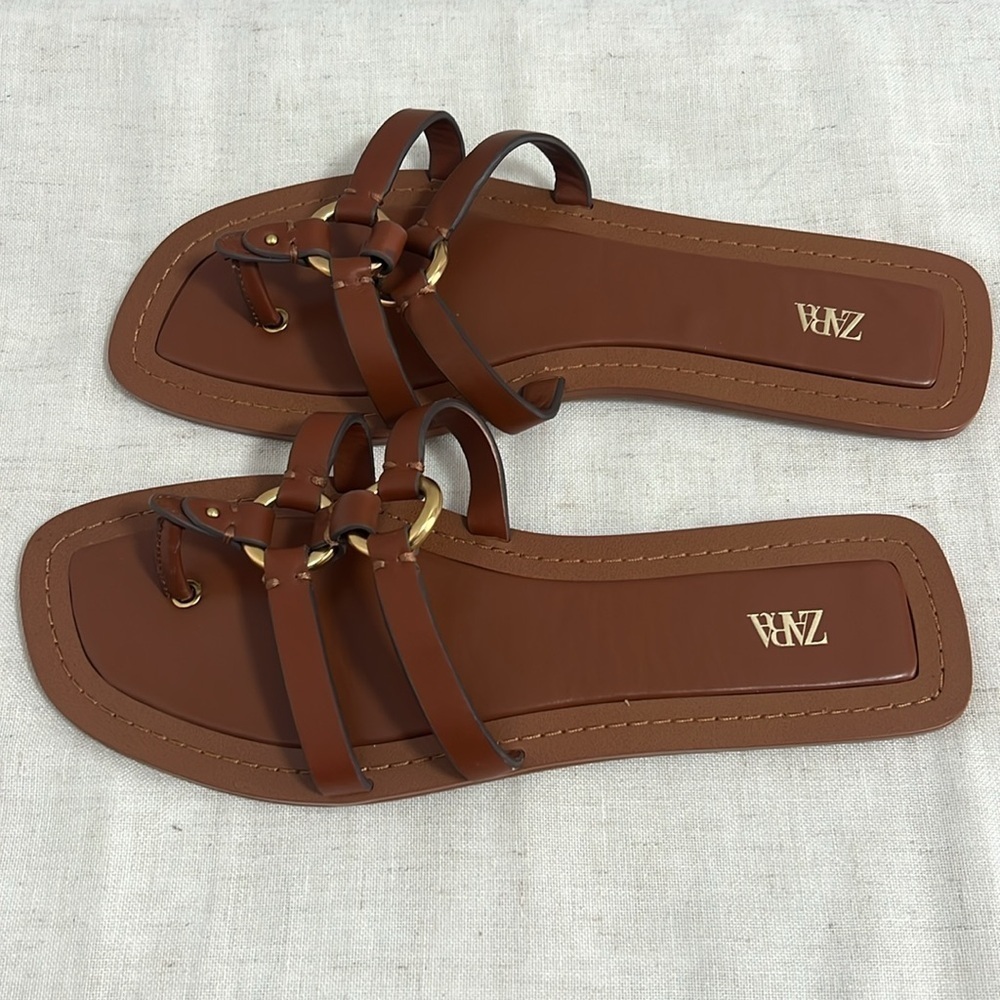 Zara Women’s Leather Sandals with Embellished Medal Details Brown size 42 US 11 - Picture 6 of 10